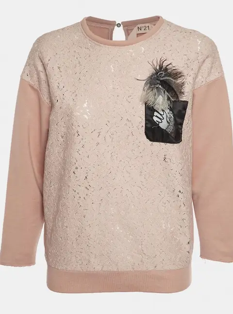 N&ordm;21 Pink Feather Embellished Jersey and Lace Sweatshirt S