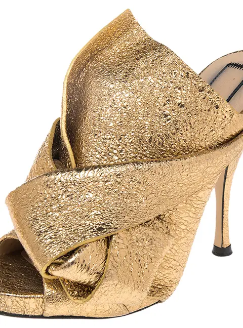 N21  Glitter Knot  Gold Crackled Leather  Mule Sandals Size 36