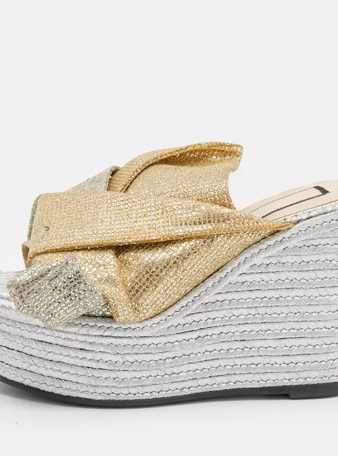N21 Silver/Gold Glitter Fabric Raso Knot Espadrille Platform Wedge Sandals Size 35.5
