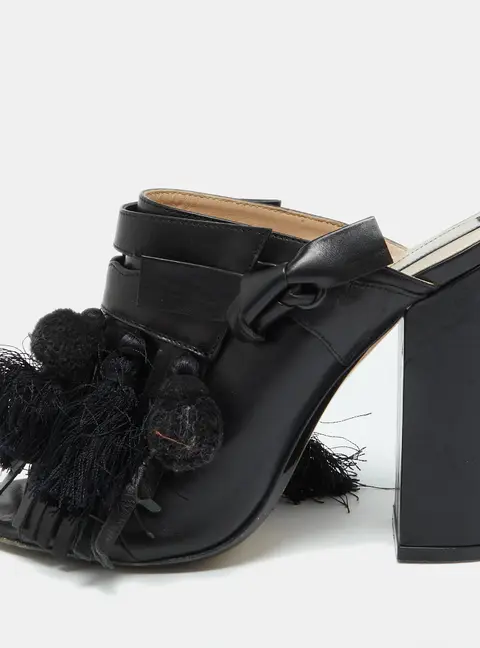 N&ordm;21 Black Leather Tassel Fringe Block Heel Mules Size 40