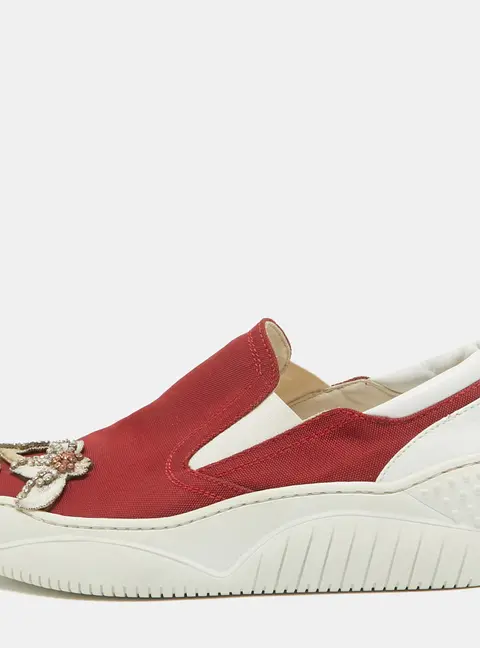 N21 Red Canvas Crystal Embellished Slip On Sneakers Size 37