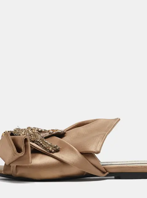 N&deg;21 Brown Satin Raso Knot Flat Slides Sizes 37