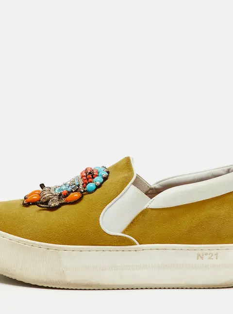 N&deg;21 Yellow Suede Embellished Platform Slip On Sneakers Size 36