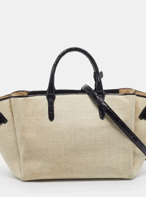 Nancy Gonzalez Cristie Black/Beige Canvas and Croc Embossed Leather Tote
