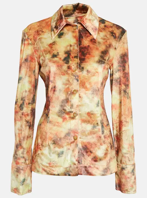 Nanushka Orange Hazy Floral Print Stretch Velvet Shirt M