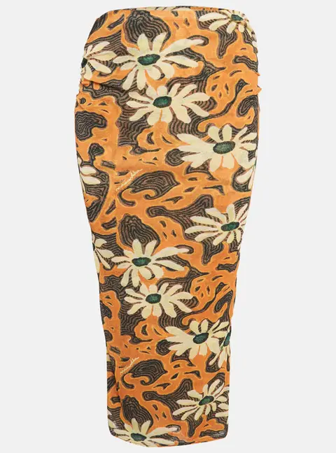 Nanushka Orange Arte Povera Floral Print Mesh Jersey Midi Skirt S