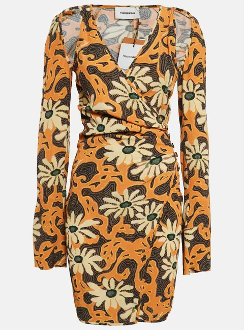 Nanushka Orange Floral Print Crepe Cut-Out Mini Wrap Dress S