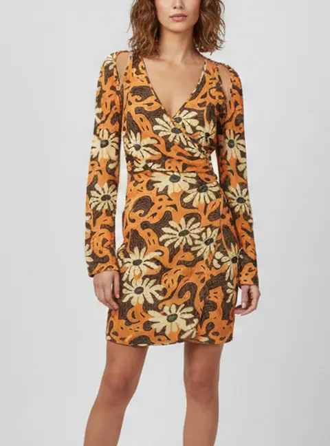 Nanushka Orange Floral Print Crepe Cut-Out Mini Wrap Dress XS