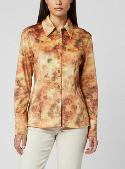 Nanushka Orange Hazy Floral Print Stretch Velvet Shirt M