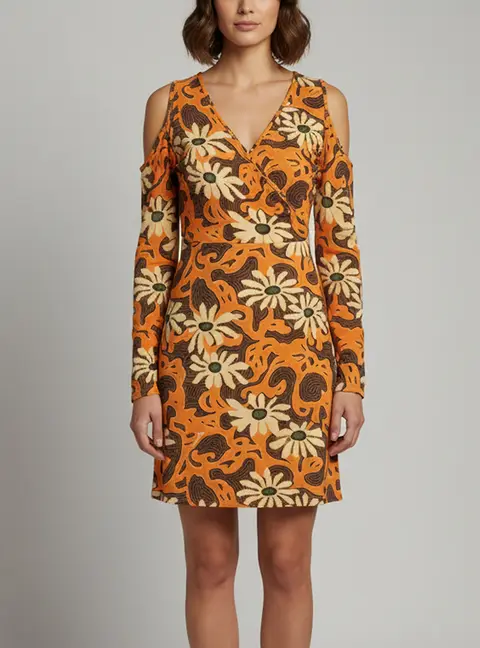 Nanushka Orange Floral Print Crepe Cut-Out Wrap Mini Dress M