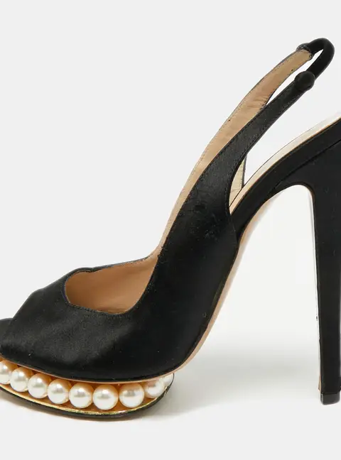 Nicholas Kirkwood Size 39 Black Satin Peep-Toe Faux Pearl Embellished Platform Slingback Sandals