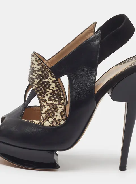 Nicholas Kirkwood Size 40 Two Tone Leather and Water Snakeskin Slingback Platform Sandals