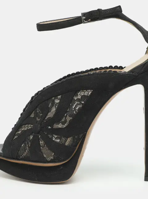Nicholas Kirkwood Size 37.5 Black Lace and Suede Ankle Strap Sandals