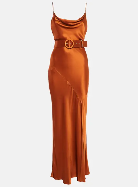 Nicholas Brown Satin Cowl Neck Belted Maxi Slip Dress L