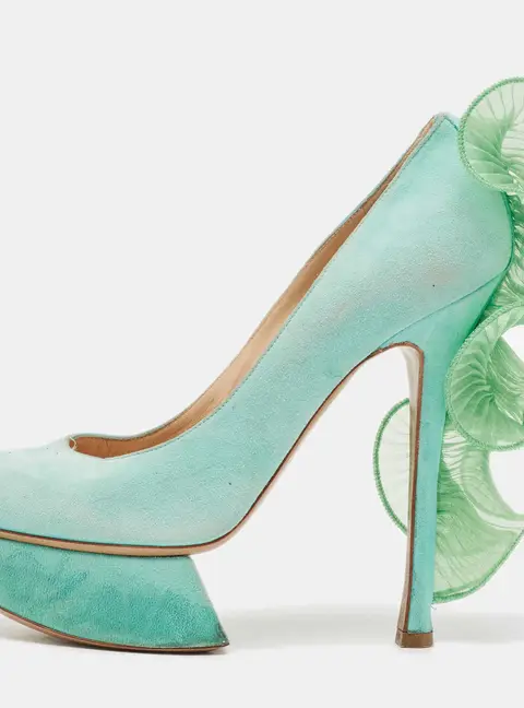Nicholas Kirkwood Mint Green Suede Ruffle Trimmed Platform Pumps Size 37