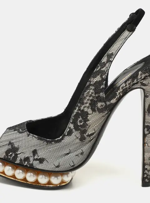 Nicholas Kirkwood Black Lace and Lurex Fabric Slingback Sandals Size 37