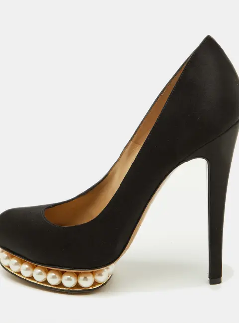 Nicholas Kirkwood Black Satin Faux Pearl Casati Platform Pumps Size 37