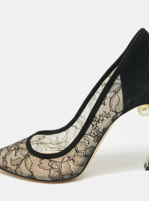 Nicholas Kirkwood Black/Beige Suede and Lace Pearl Embellished Pointed Toe Pumps Size 40