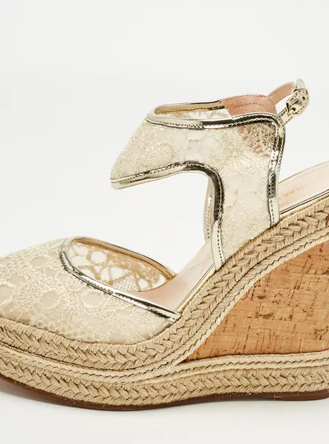 Nicholas Kirkwood Gold Lace and Leather Platform Wedge Ankle Strap Espadrilles Size 39.5