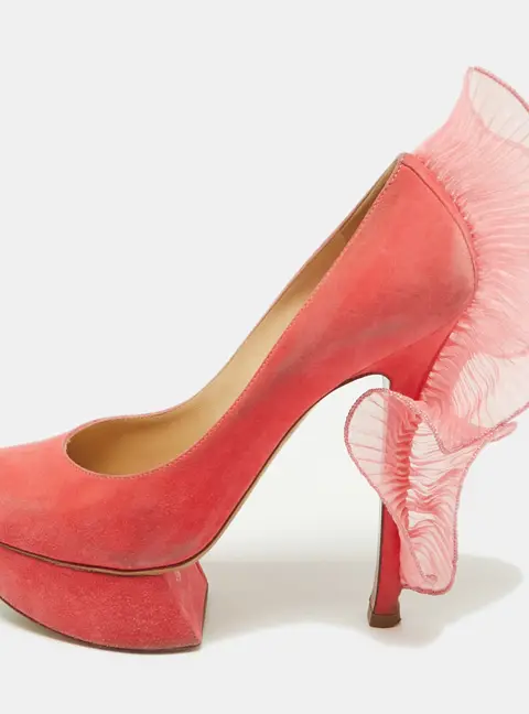 Nicholas Kirkwood Pink Suede Ruffle Trimmed Platform Pumps Size 37.5