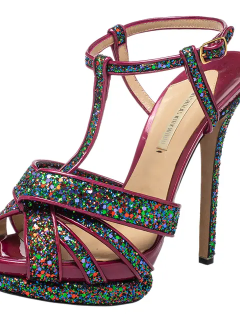 Nicholas Kirkwood Pink Patent Leather and Glitter T Strap Platform Sandals Size 39