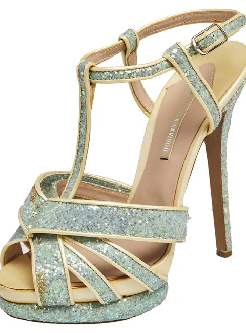 Nicholas Kirkwood Blue/Cream Patent Leather and Glitter T Strap Platform Sandals Size 37.5