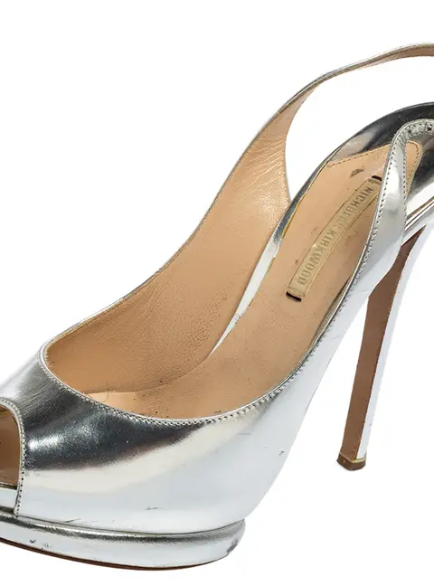 Nicholas Kirkwood Silver Glossy Leather Peep Toe Slingback Sandals Size 38