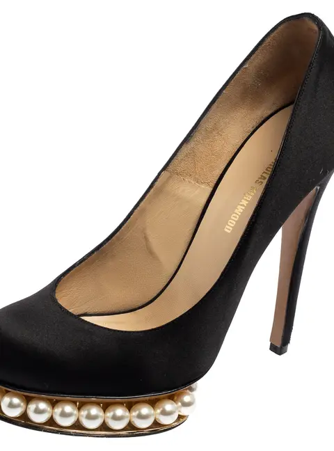 Nicholas Kirkwood Black Satin Casati Faux Pearl Platform Pumps Size 38