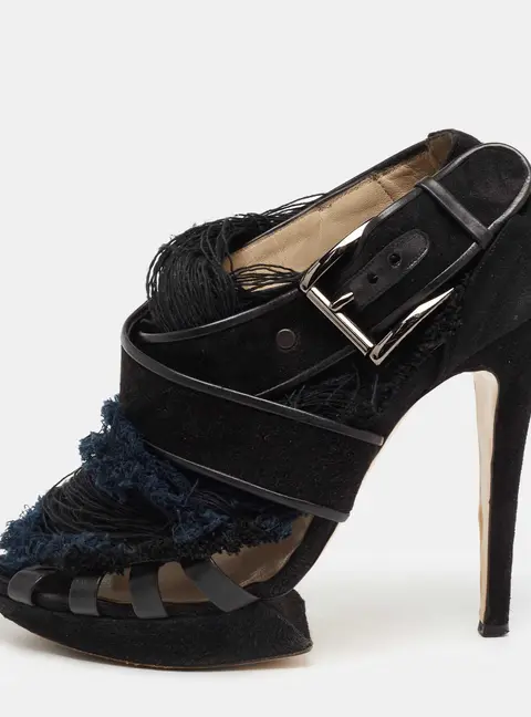 Nicholas Kirkwood Black/Blue Suede And Fabric Criss Cross Platform Sandals Size 39.5