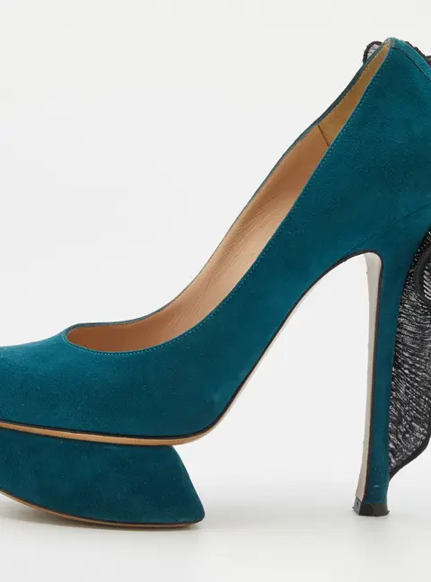 Nicholas Kirkwood Teal Blue/Black Suede and Ruffle Fabric Platform Pumps Size 37