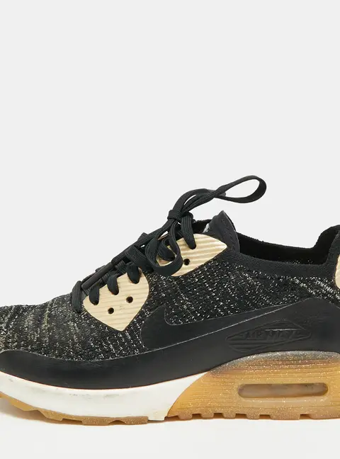 Nike flyknit Max 90 Ultra 2.0 Size 38 Black/Gold Leather and Lurex Fabric Lace Up Sneakers
