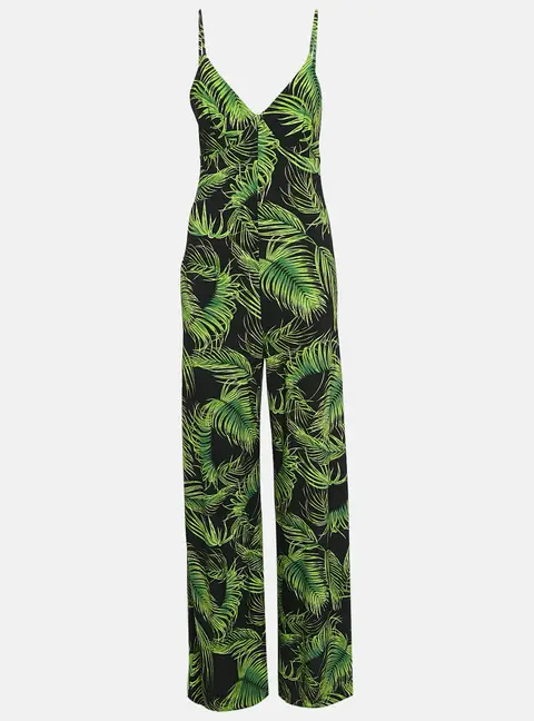 Norma Kamali Black/Green Palm Leaf Print Jersey Slip Jumpsuit M