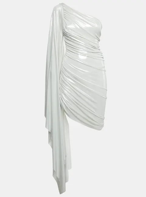Norma Kamali Silver Lam&eacute; Jersey Long One Shoulder Ruched Mini Dress XXS