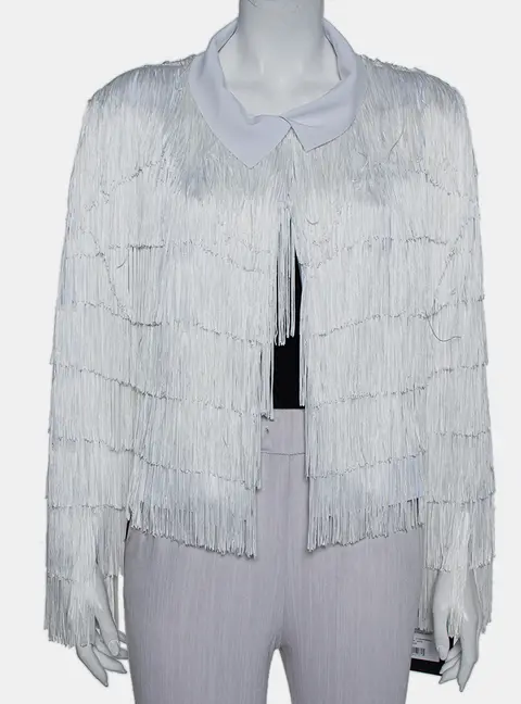 Norma Kamali White Knit Fringed Open Front Collared Jacket M