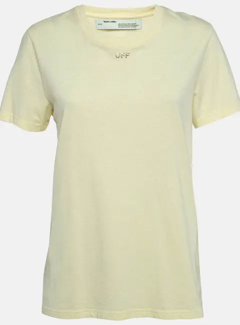Off-White Yellow Cotton Crystal Logo Embellished T-Shirt S