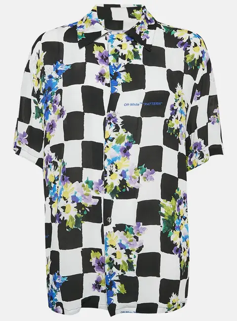 Off-White Check Floral Print Crepe Shirt S