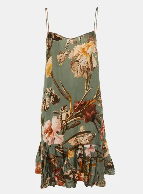 Off-White Green Floral Print Satin Flounced Slip Dress M
