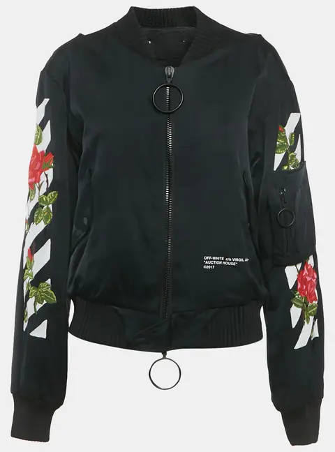 Off-White Black Rose and Arrow Embroidered Satin Bomber Jacket S