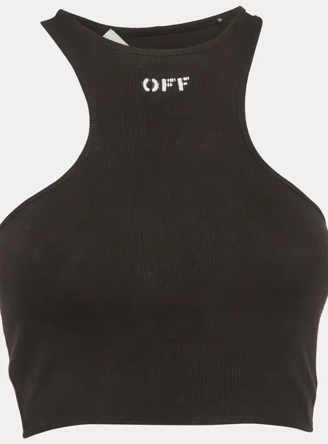 Off-White Black Logo Print Rib Knit Racer Back Tank Top S