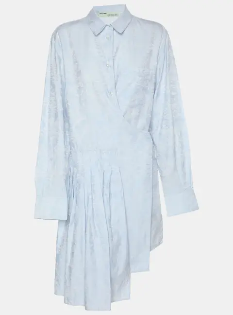 Off-White Light Blue Jacquard Belted Pleated Shirt Dress M