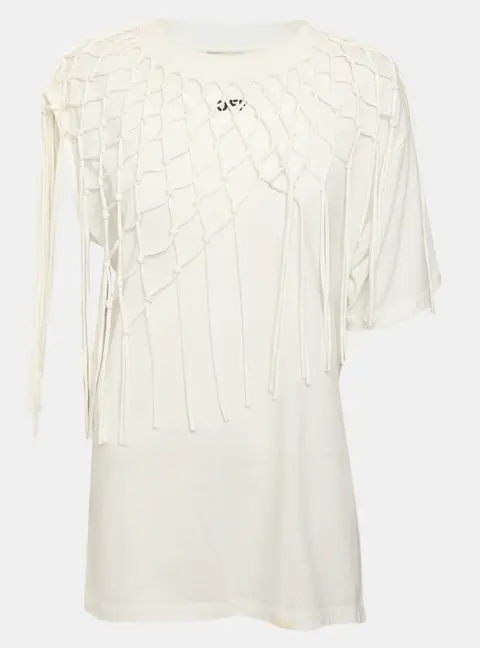 Off-White White Jersey Knit Details Fringes Top S