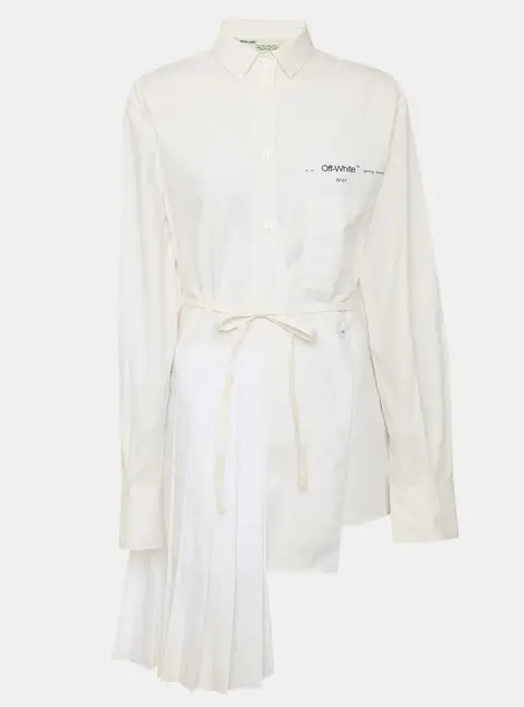 Off-White White Plisse Pleated Wrap Shirt Dress L