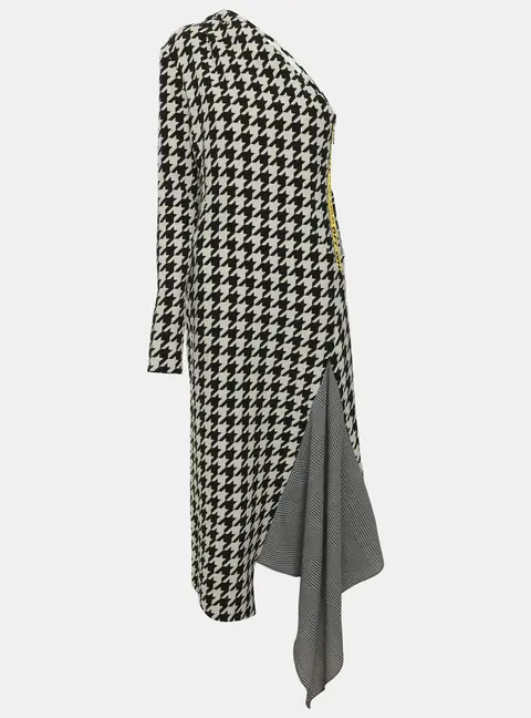 Off-White Black & White Houndstooth Pattern Wool One Shoulder Midi Dress S