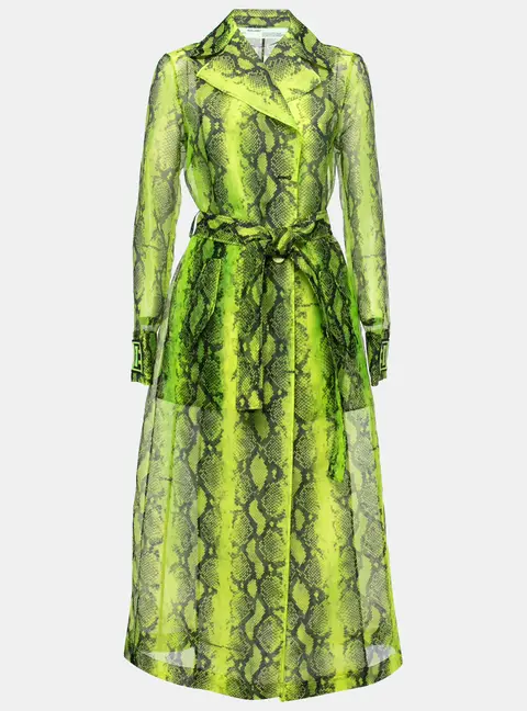 Off-White Green Python Print Tulle Button Front Belted Coat S