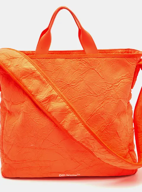 Off-White Logo Print Neon Orange Crinkle Shell Canvas Shopper Tote