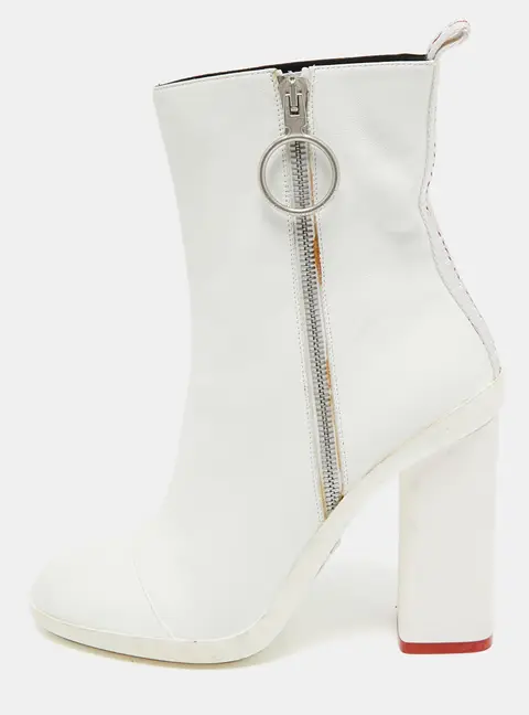 Off-White White Leather Block Heel Ankle Length Boots Size 39