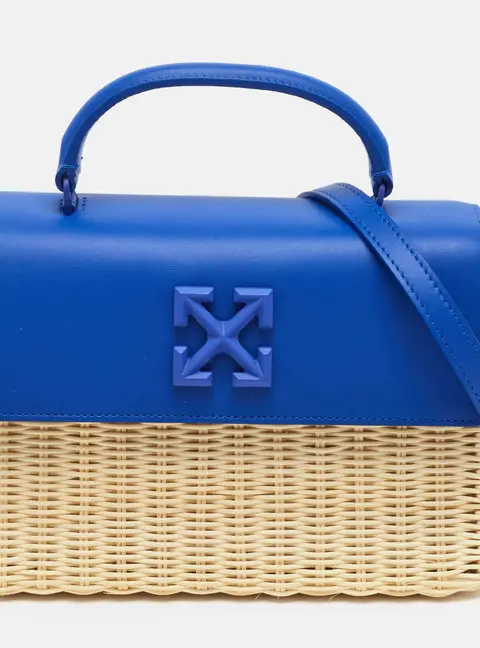 Off-White Jitney 1.4 Beige/Blue Straw and Leather Top Handle Bag