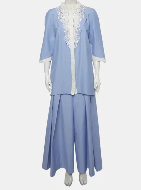 Olena dats Blue Dobby Lace Neckline Set M