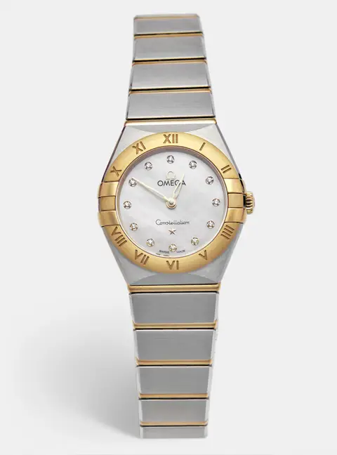 Omega Constellation Manhattan 131.20.25.60.55.002 Mother of Pearl Diamond Dial 18k Yellow Gold Stainless Steel Women's Wristwatch 25 mm
