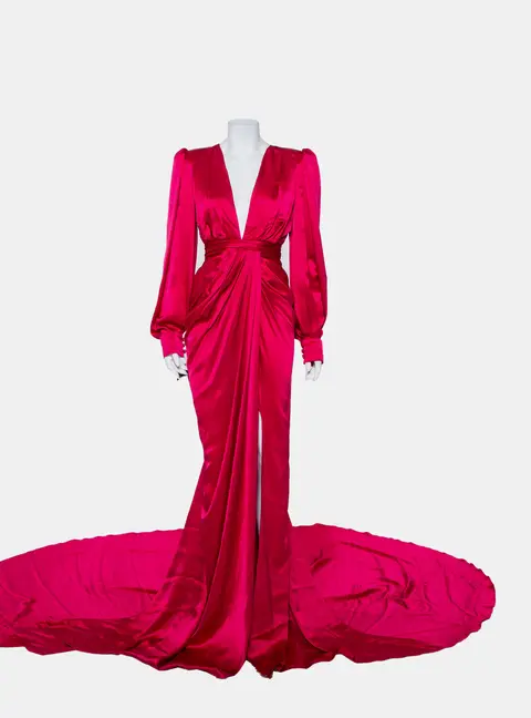 Ong-Oaj Pairam Fuschia Pink Silk Satin Plunge Neck Trail Detail Angelica Gown M